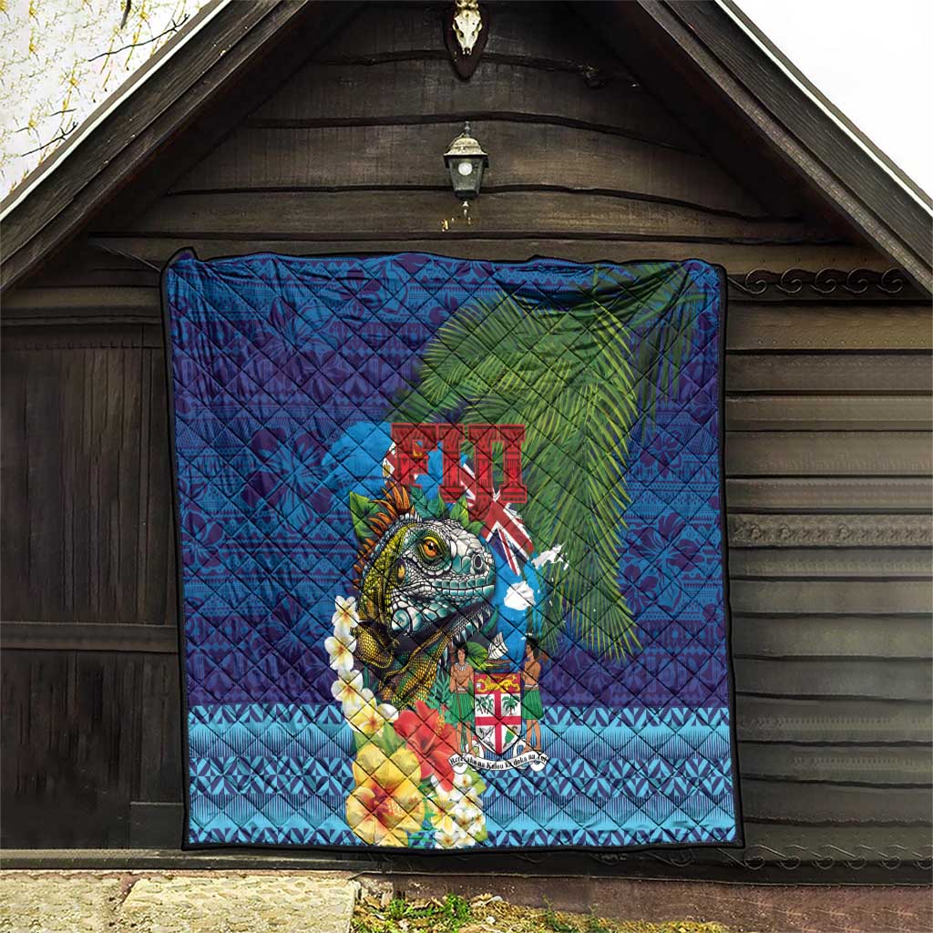 Fiji Iguana-Coat of Arms Quilt with Hibiscus and Plumeria Palm Tree Tapa Art