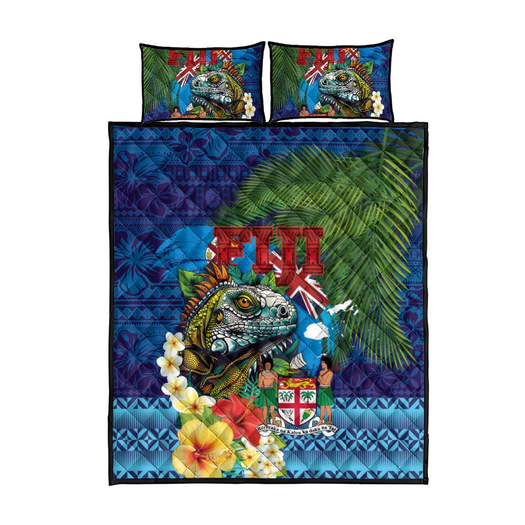 Fiji Iguana-Coat of Arms Quilt Bed Set with Hibiscus and Plumeria Palm Tree Tapa Art