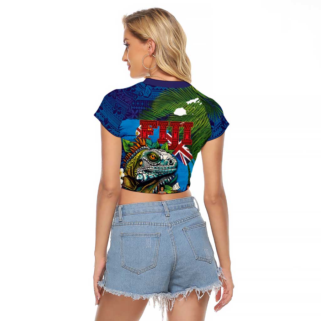 Fiji Iguana-Coat of Arms Raglan Cropped T Shirt with Hibiscus and Plumeria Palm Tree Tapa Art