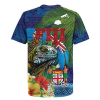 Fiji Iguana-Coat of Arms Rugby Jersey with Hibiscus and Plumeria Palm Tree Tapa Art