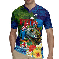 Fiji Iguana-Coat of Arms Rugby Jersey with Hibiscus and Plumeria Palm Tree Tapa Art