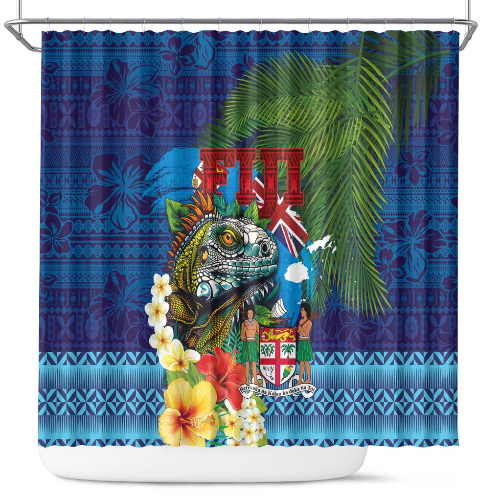 Fiji Iguana-Coat of Arms Shower Curtain with Hibiscus and Plumeria Palm Tree Tapa Art