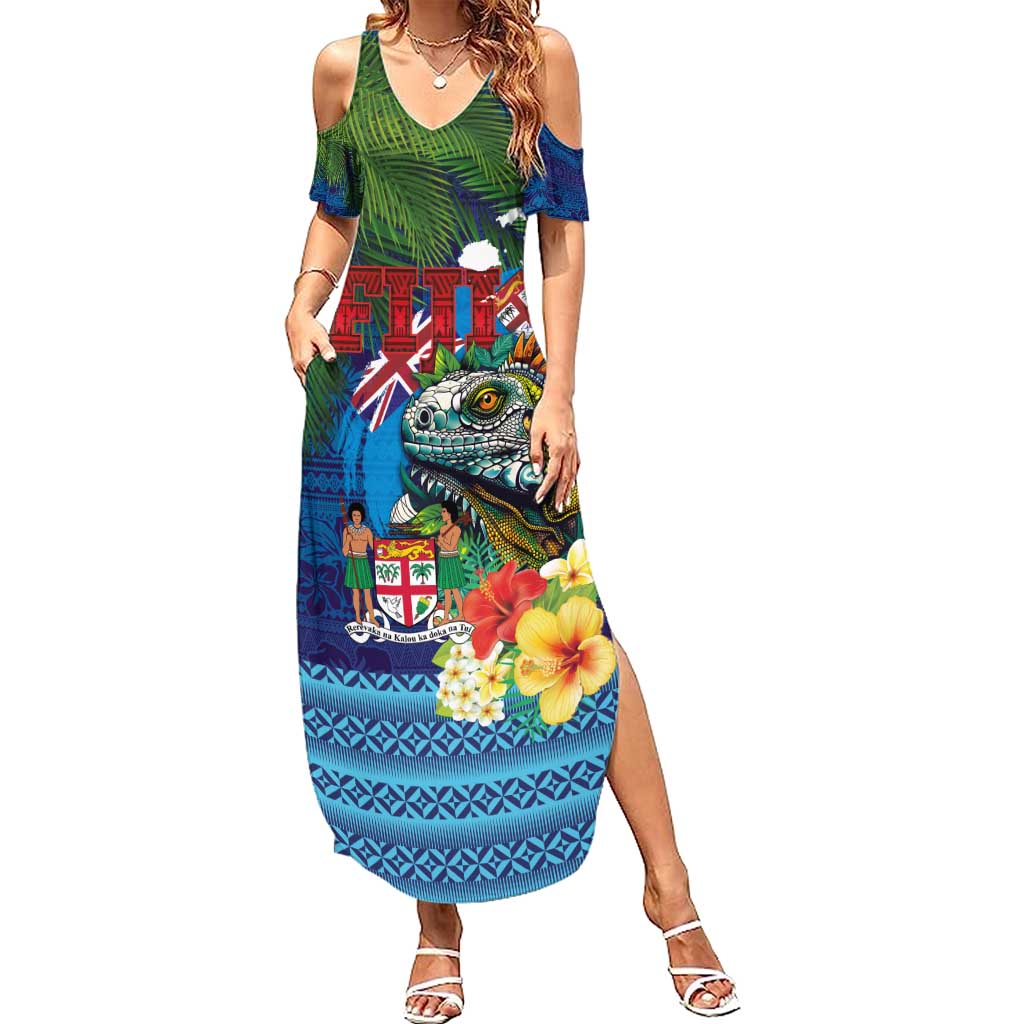 Fiji Iguana-Coat of Arms Summer Maxi Dress with Hibiscus and Plumeria Palm Tree Tapa Art