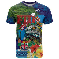 Fiji Iguana-Coat of Arms T Shirt with Hibiscus and Plumeria Palm Tree Tapa Art
