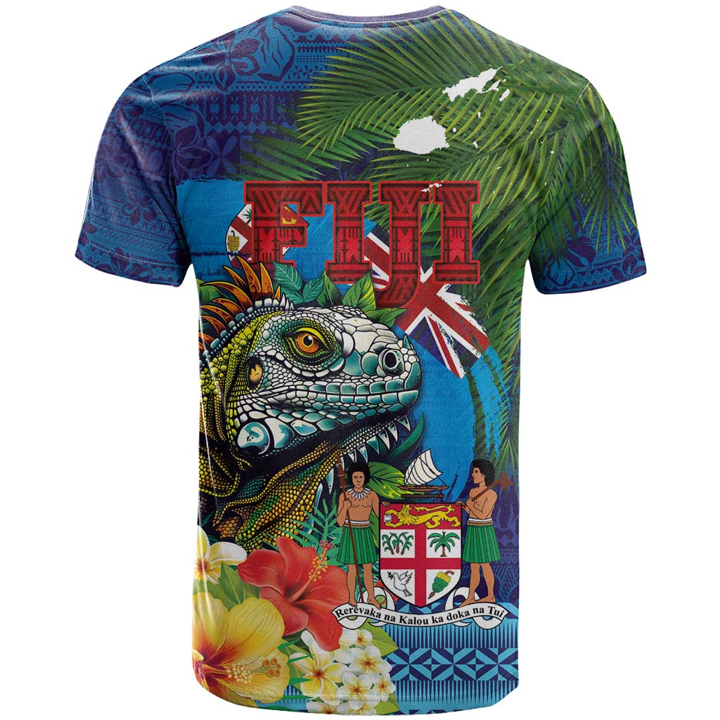 Fiji Iguana-Coat of Arms T Shirt with Hibiscus and Plumeria Palm Tree Tapa Art