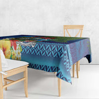 Fiji Iguana-Coat of Arms Tablecloth with Hibiscus and Plumeria Palm Tree Tapa Art