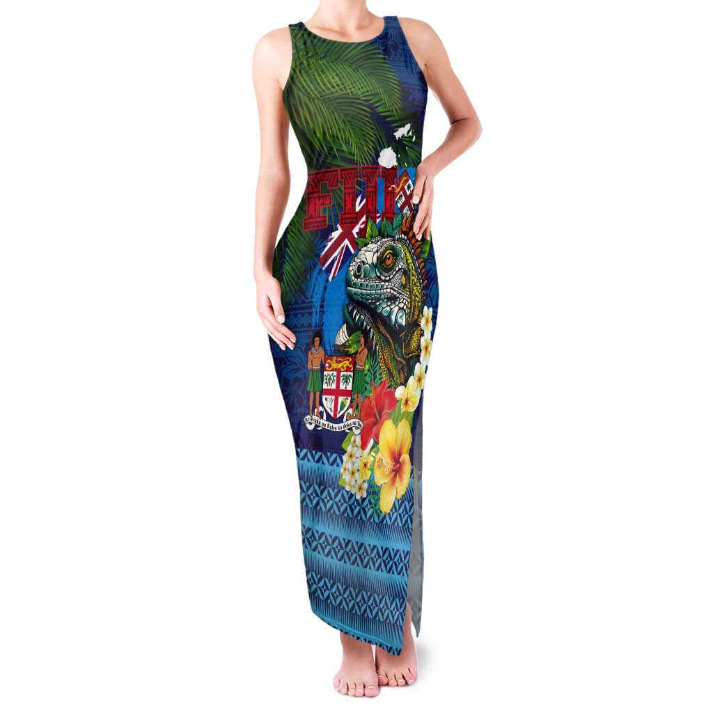 Fiji Iguana-Coat of Arms Tank Maxi Dress with Hibiscus and Plumeria Palm Tree Tapa Art