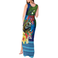 Fiji Iguana-Coat of Arms Tank Maxi Dress with Hibiscus and Plumeria Palm Tree Tapa Art