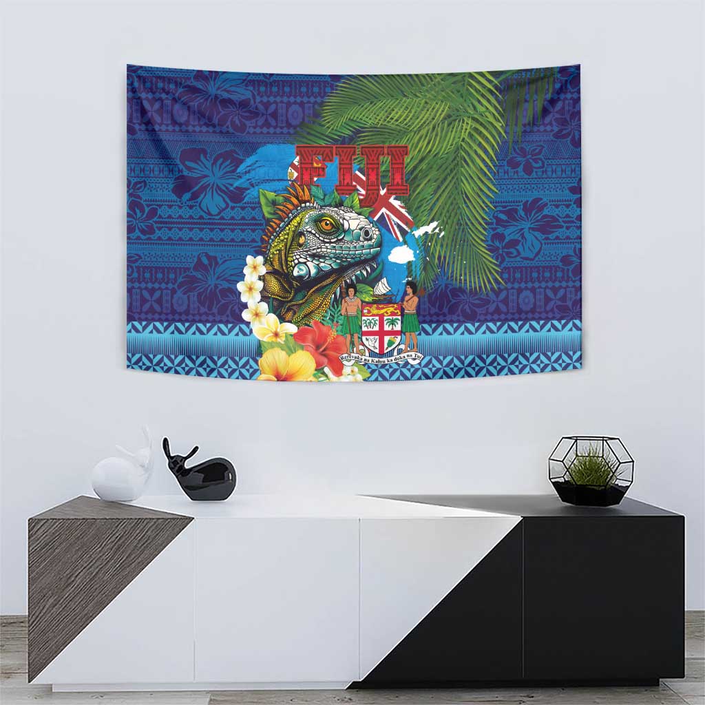 Fiji Iguana-Coat of Arms Tapestry with Hibiscus and Plumeria Palm Tree Tapa Art