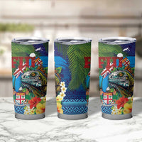 Fiji Iguana-Coat of Arms Tumbler Cup with Hibiscus and Plumeria Palm Tree Tapa Art