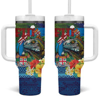 Fiji Iguana-Coat of Arms Tumbler With Handle with Hibiscus and Plumeria Palm Tree Tapa Art