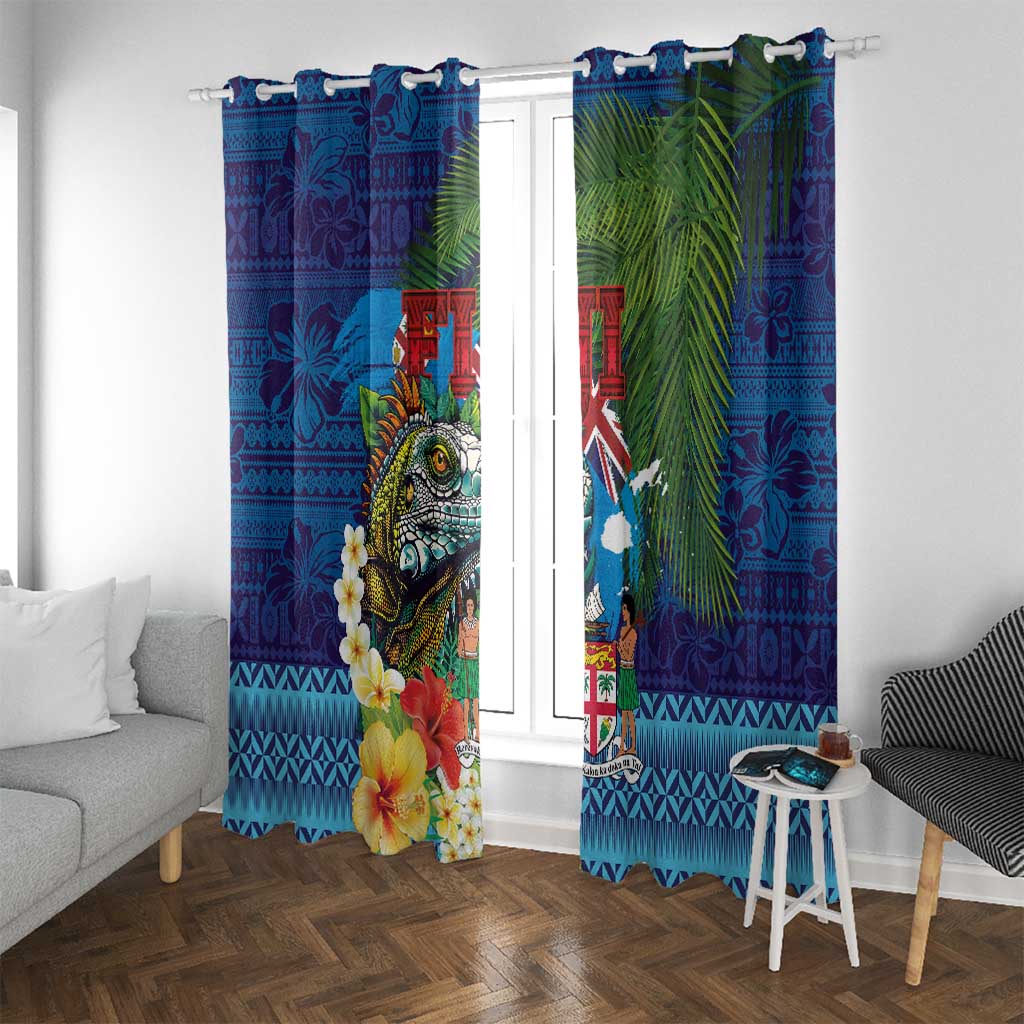 Fiji Iguana-Coat of Arms Window Curtain with Hibiscus and Plumeria Palm Tree Tapa Art