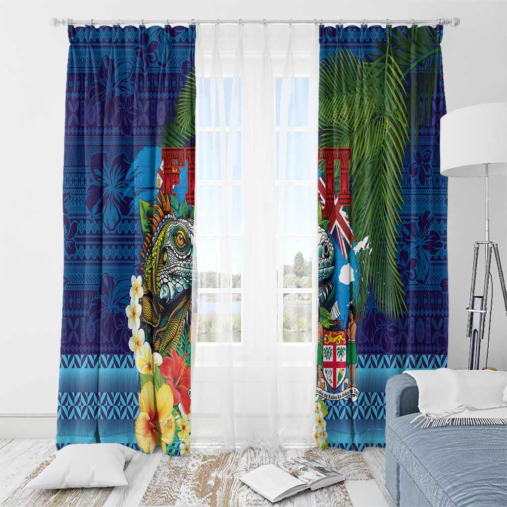 Fiji Iguana-Coat of Arms Window Curtain with Hibiscus and Plumeria Palm Tree Tapa Art