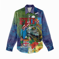 Fiji Iguana-Coat of Arms Women Casual Shirt with Hibiscus and Plumeria Palm Tree Tapa Art