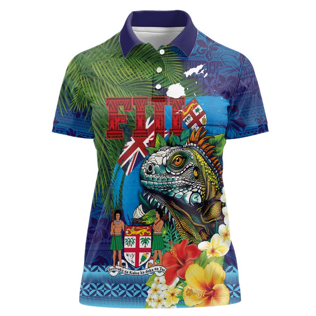 Fiji Iguana-Coat of Arms Women Polo Shirt with Hibiscus and Plumeria Palm Tree Tapa Art
