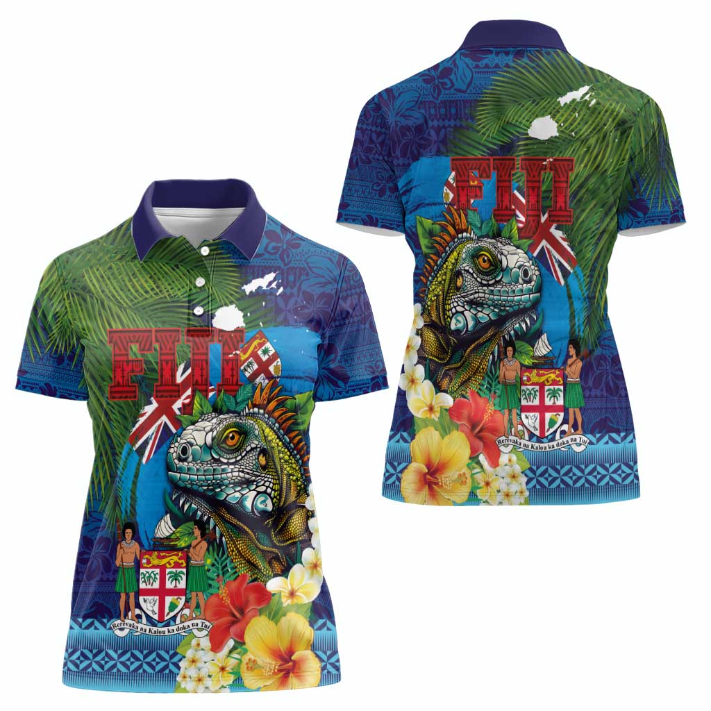 Fiji Iguana-Coat of Arms Women Polo Shirt with Hibiscus and Plumeria Palm Tree Tapa Art