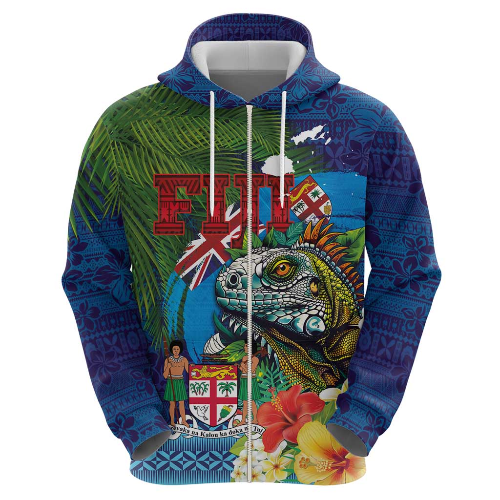 Fiji Iguana-Coat of Arms Zip Hoodie with Hibiscus and Plumeria Palm Tree Tapa Art