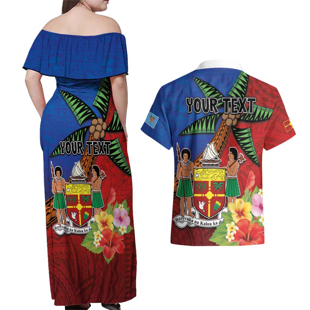 Personalised Fiji and Rotuma Together Couples Matching Off Shoulder Maxi Dress and Hawaiian Shirt Fjian Masi and Pacific Pattern Mix Culture