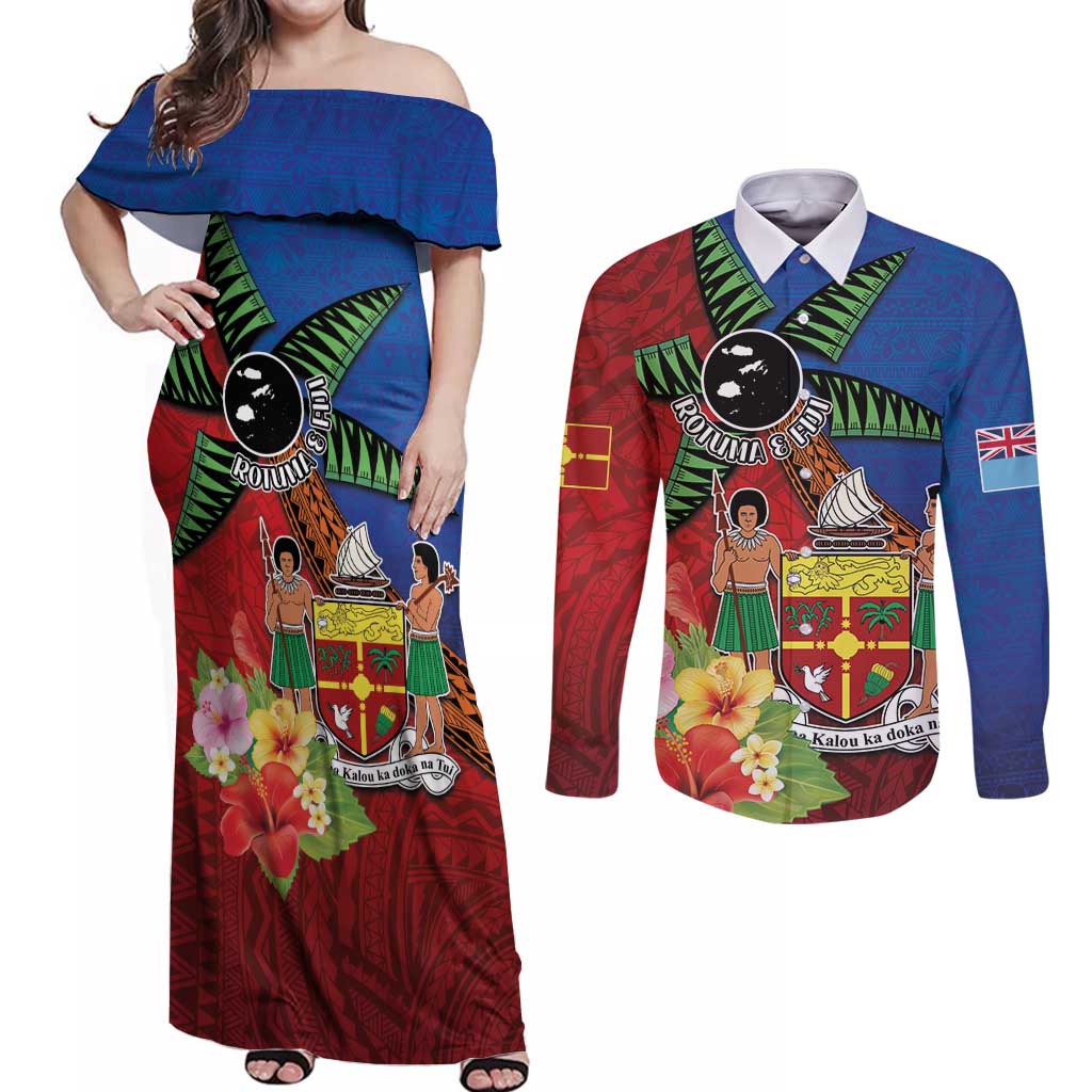 Personalised Fiji and Rotuma Together Couples Matching Off Shoulder Maxi Dress and Long Sleeve Button Shirt Fjian Masi and Pacific Pattern Mix Culture