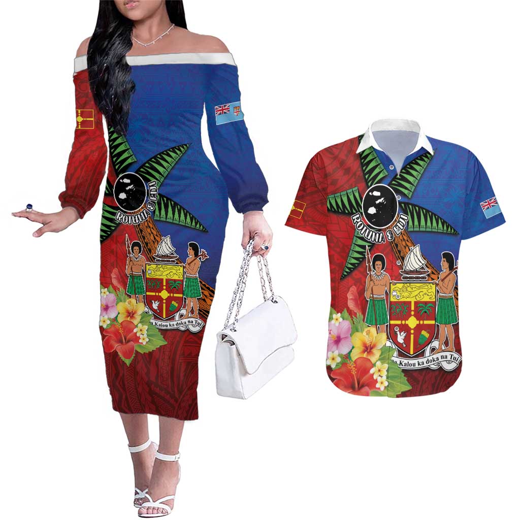 Personalised Fiji and Rotuma Together Couples Matching Off The Shoulder Long Sleeve Dress and Hawaiian Shirt Fjian Masi and Pacific Pattern Mix Culture LT03 Red - Polynesian Pride