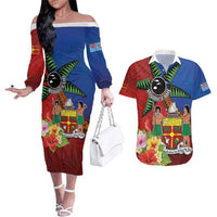 Personalised Fiji and Rotuma Together Couples Matching Off The Shoulder Long Sleeve Dress and Hawaiian Shirt Fjian Masi and Pacific Pattern Mix Culture LT03 Red - Polynesian Pride
