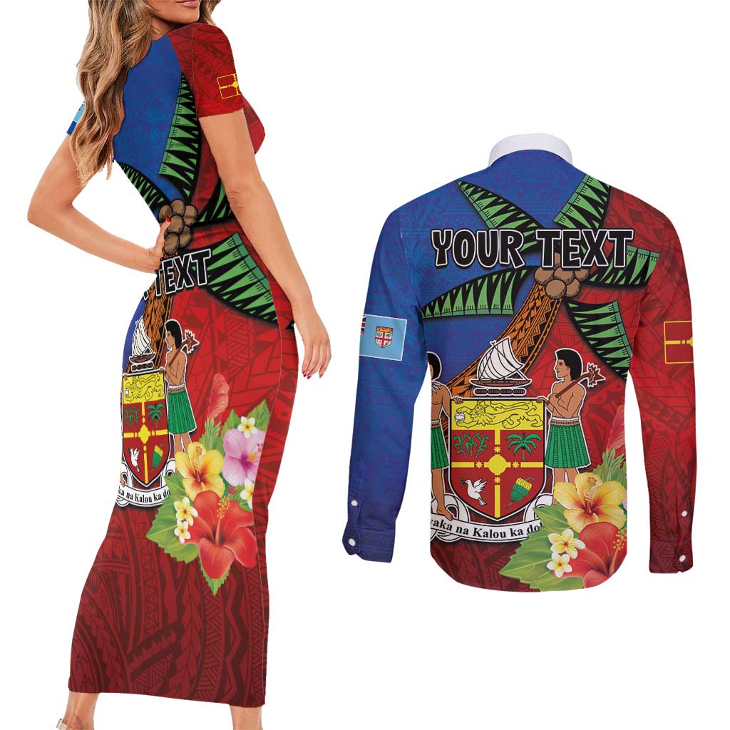 Personalised Fiji and Rotuma Together Couples Matching Short Sleeve Bodycon Dress and Long Sleeve Button Shirt Fjian Masi and Pacific Pattern Mix Culture