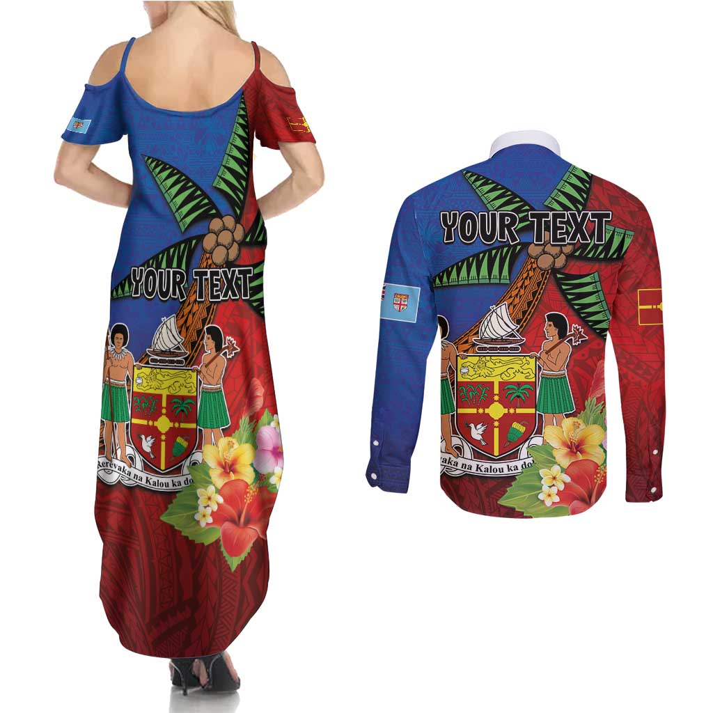 Personalised Fiji and Rotuma Together Couples Matching Summer Maxi Dress and Long Sleeve Button Shirt Fjian Masi and Pacific Pattern Mix Culture