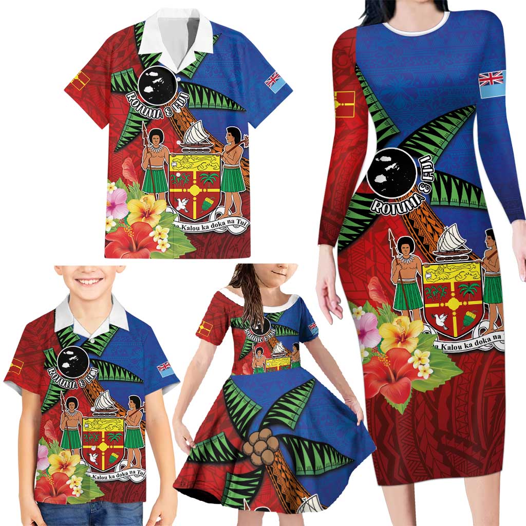 Personalised Fiji and Rotuma Together Family Matching Long Sleeve Bodycon Dress and Hawaiian Shirt Fjian Masi and Pacific Pattern Mix Culture
