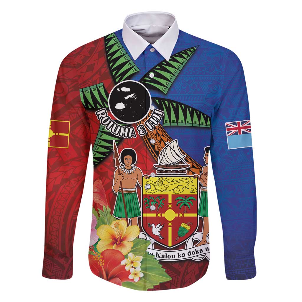 Personalised Fiji and Rotuma Together Family Matching Long Sleeve Bodycon Dress and Hawaiian Shirt Fjian Masi and Pacific Pattern Mix Culture