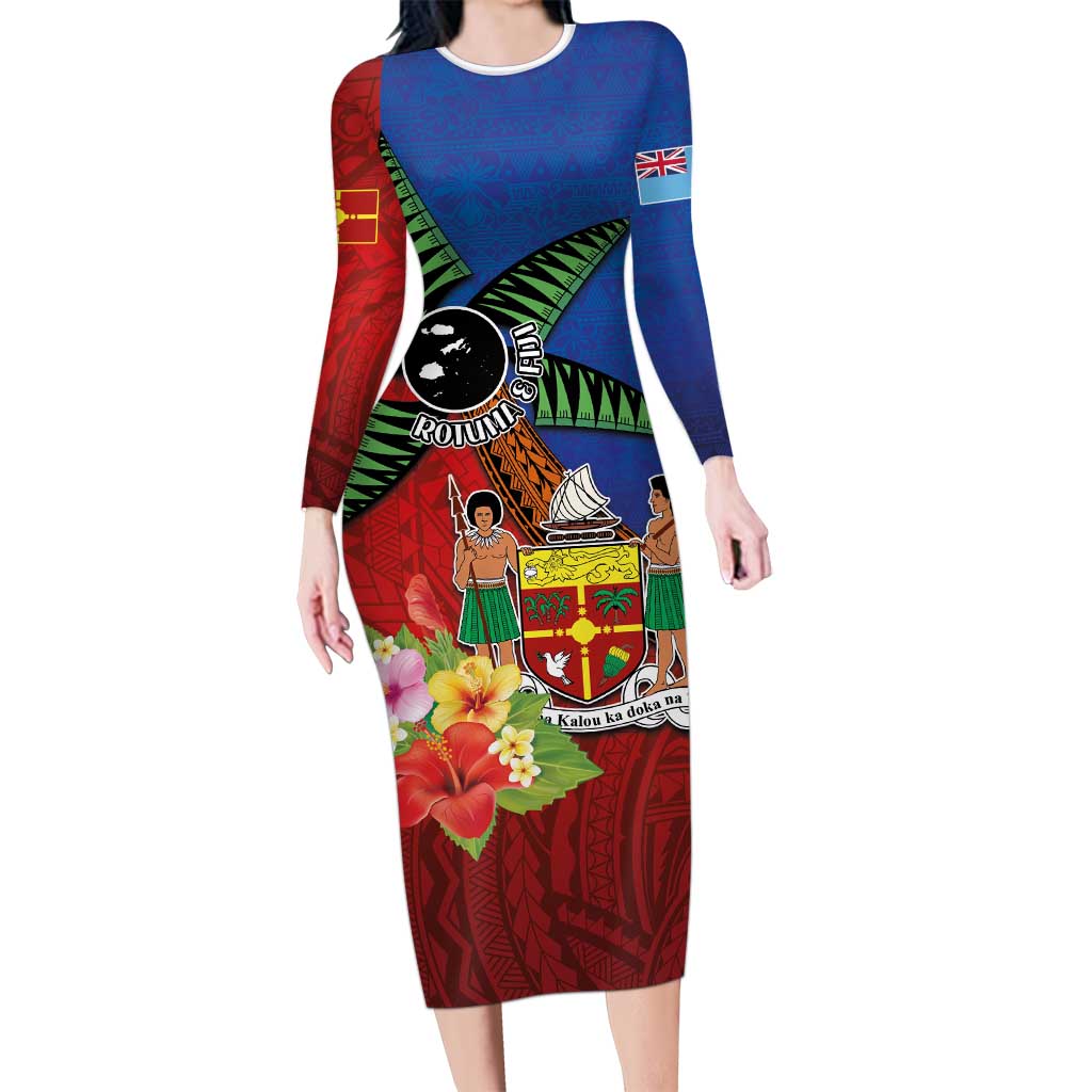 Personalised Fiji and Rotuma Together Family Matching Long Sleeve Bodycon Dress and Hawaiian Shirt Fjian Masi and Pacific Pattern Mix Culture