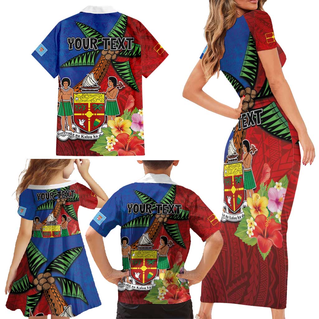 Personalised Fiji and Rotuma Together Family Matching Short Sleeve Bodycon Dress and Hawaiian Shirt Fjian Masi and Pacific Pattern Mix Culture