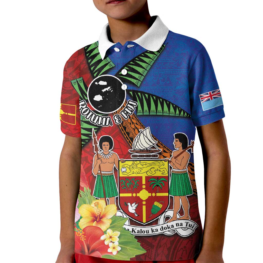 Personalised Fiji and Rotuma Together Kid Polo Shirt Fjian Masi and Pacific Pattern Mix Culture