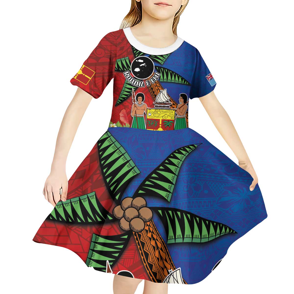 Personalised Fiji and Rotuma Together Kid Short Sleeve Dress Fjian Masi and Pacific Pattern Mix Culture