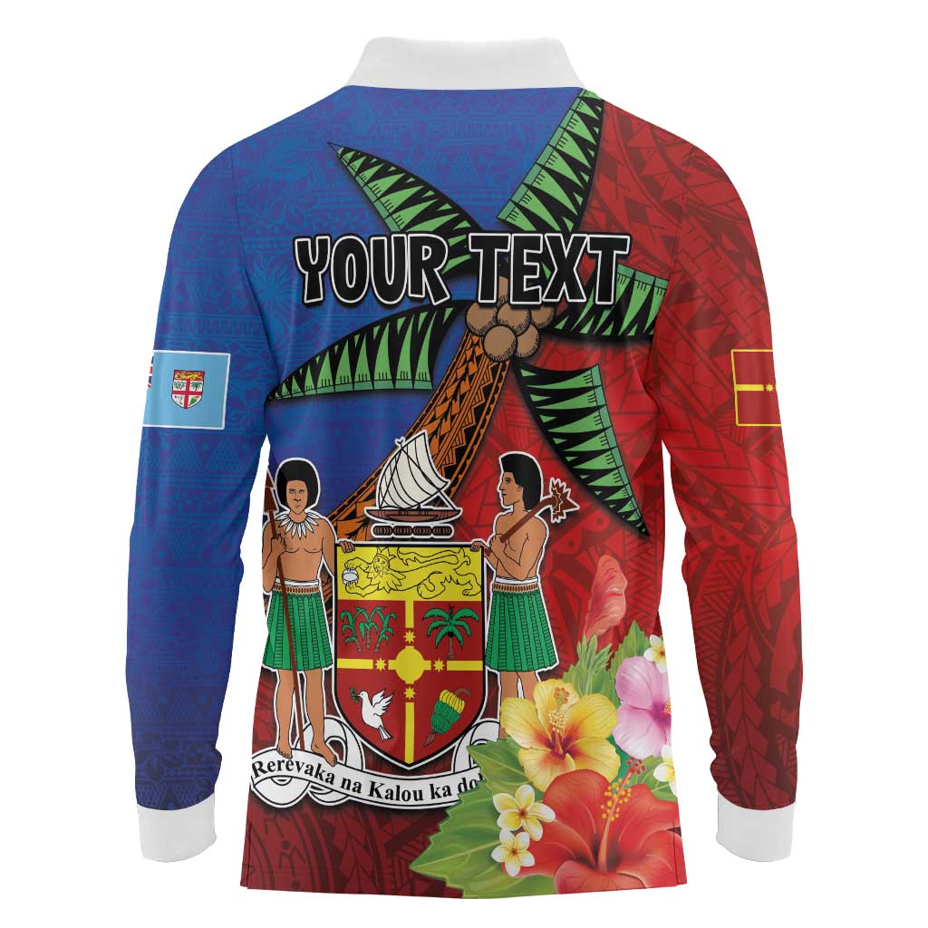 Personalised Fiji and Rotuma Together Long Sleeve Polo Shirt Fjian Masi and Pacific Pattern Mix Culture