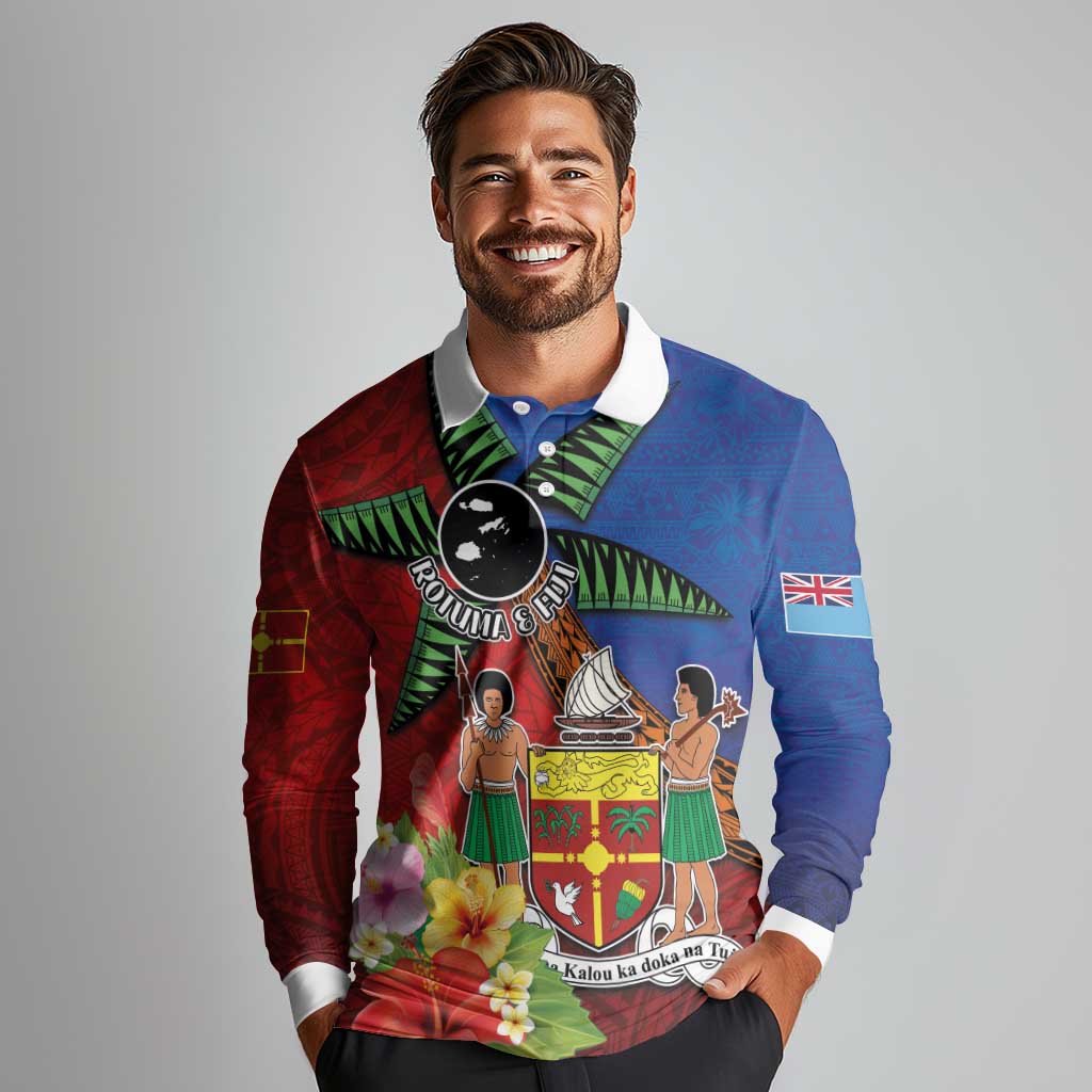 Personalised Fiji and Rotuma Together Long Sleeve Polo Shirt Fjian Masi and Pacific Pattern Mix Culture