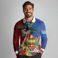 Personalised Fiji and Rotuma Together Long Sleeve Polo Shirt Fjian Masi and Pacific Pattern Mix Culture