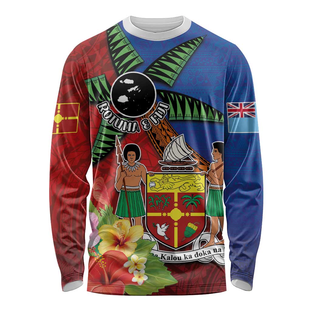 Personalised Fiji and Rotuma Together Long Sleeve Shirt Fjian Masi and Pacific Pattern Mix Culture
