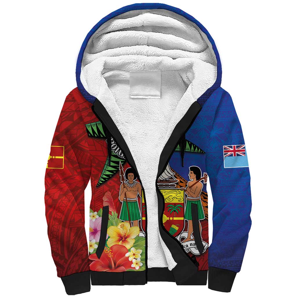 Personalised Fiji and Rotuma Together Sherpa Hoodie Fjian Masi and Pacific Pattern Mix Culture