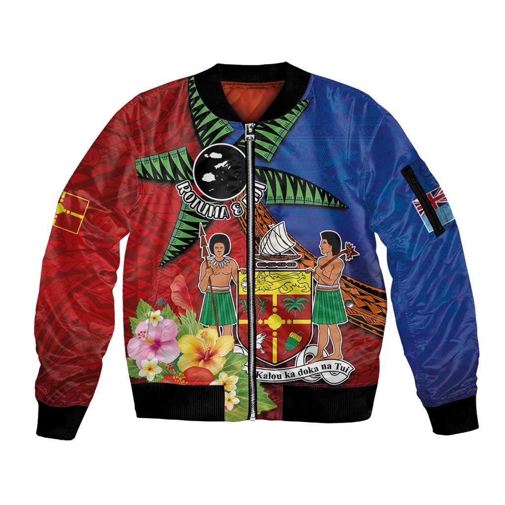 Personalised Fiji and Rotuma Together Sleeve Zip Bomber Jacket Fjian Masi and Pacific Pattern Mix Culture