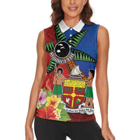 Personalised Fiji and Rotuma Together Women Sleeveless Polo Shirt Fjian Masi and Pacific Pattern Mix Culture