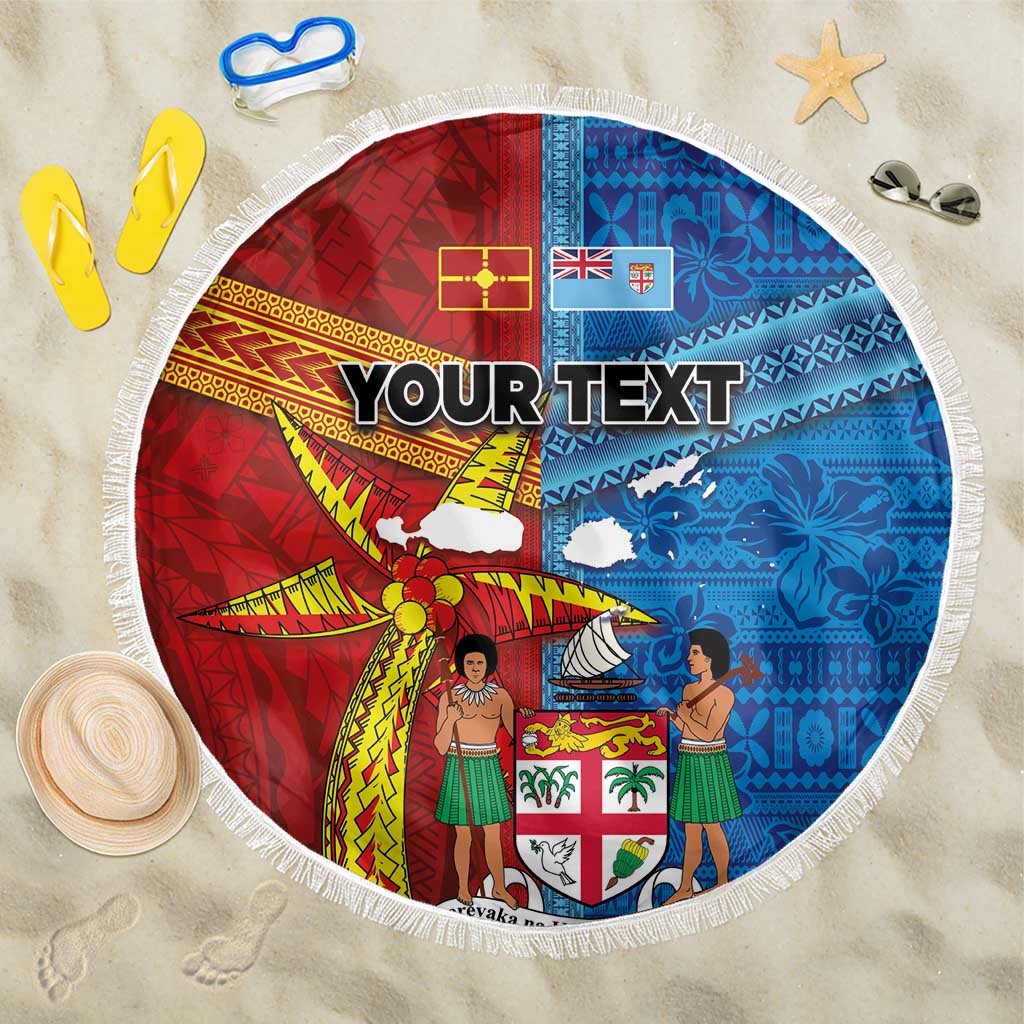 Personalised Fiji and Rotuma Together Beach Blanket Tapa and Pacific Art Pattern with Cultural Emblems Half Style