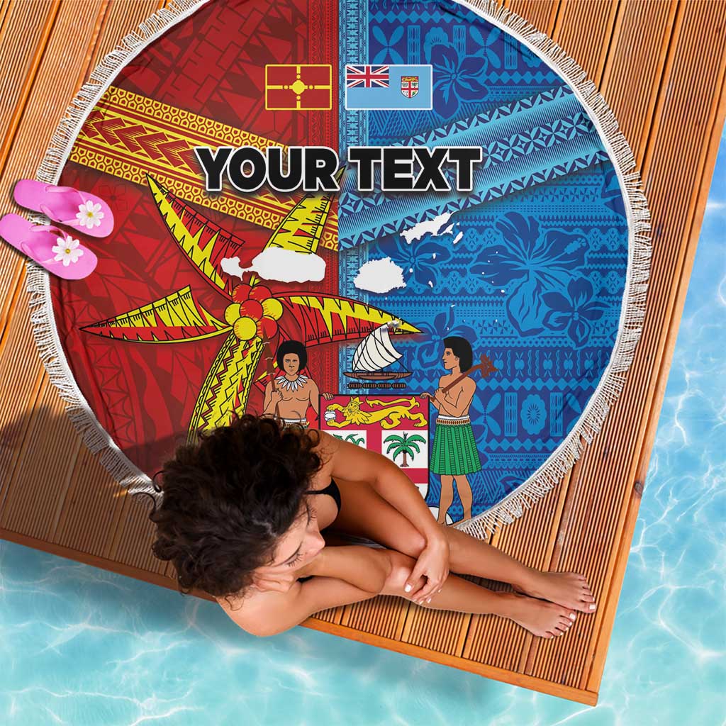 Personalised Fiji and Rotuma Together Beach Blanket Tapa and Pacific Art Pattern with Cultural Emblems Half Style