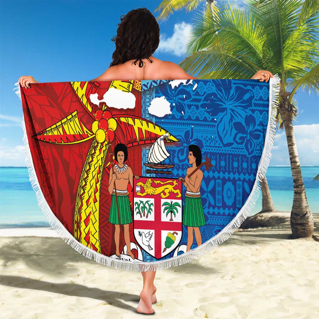 Personalised Fiji and Rotuma Together Beach Blanket Tapa and Pacific Art Pattern with Cultural Emblems Half Style