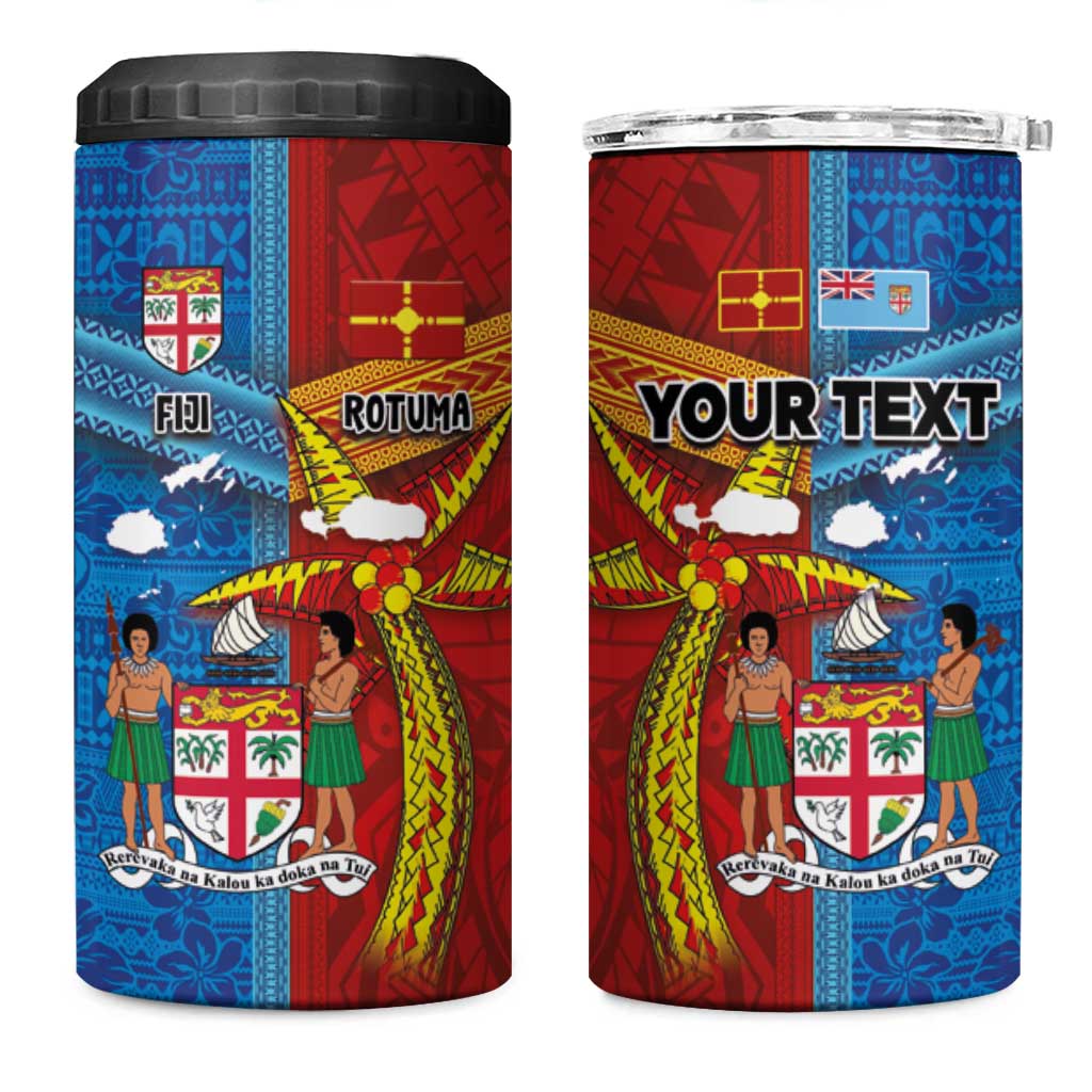 Personalised Fiji and Rotuma Together 4 in 1 Can Cooler Tumbler Tapa and Pacific Art Pattern with Cultural Emblems Half Style