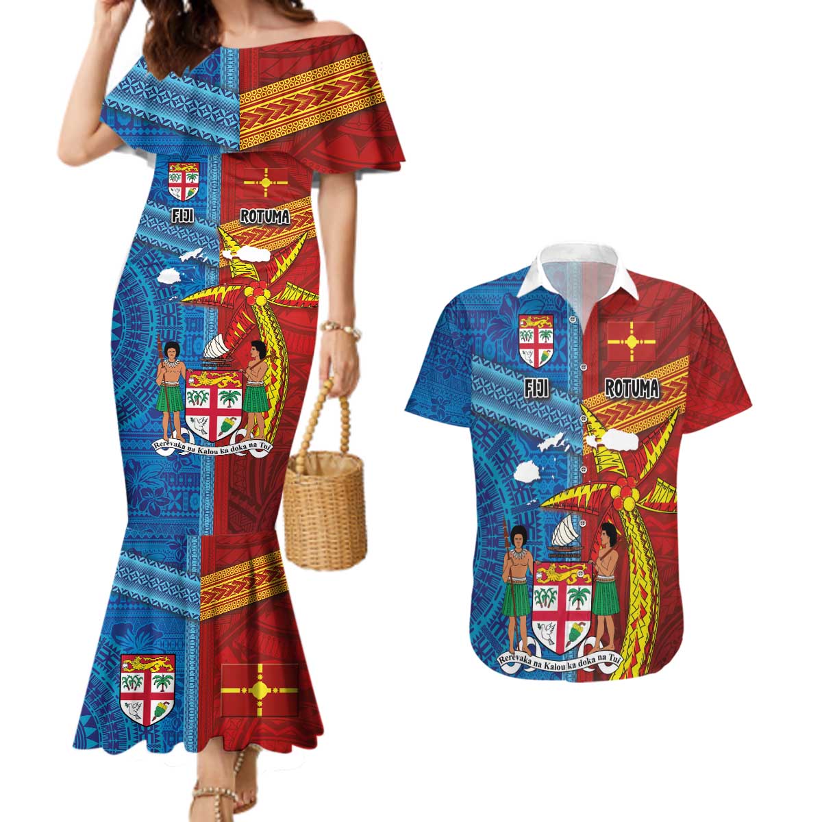 Personalised Fiji and Rotuma Together Couples Matching Mermaid Dress and Hawaiian Shirt Tapa and Pacific Art Pattern with Cultural Emblems Half Style