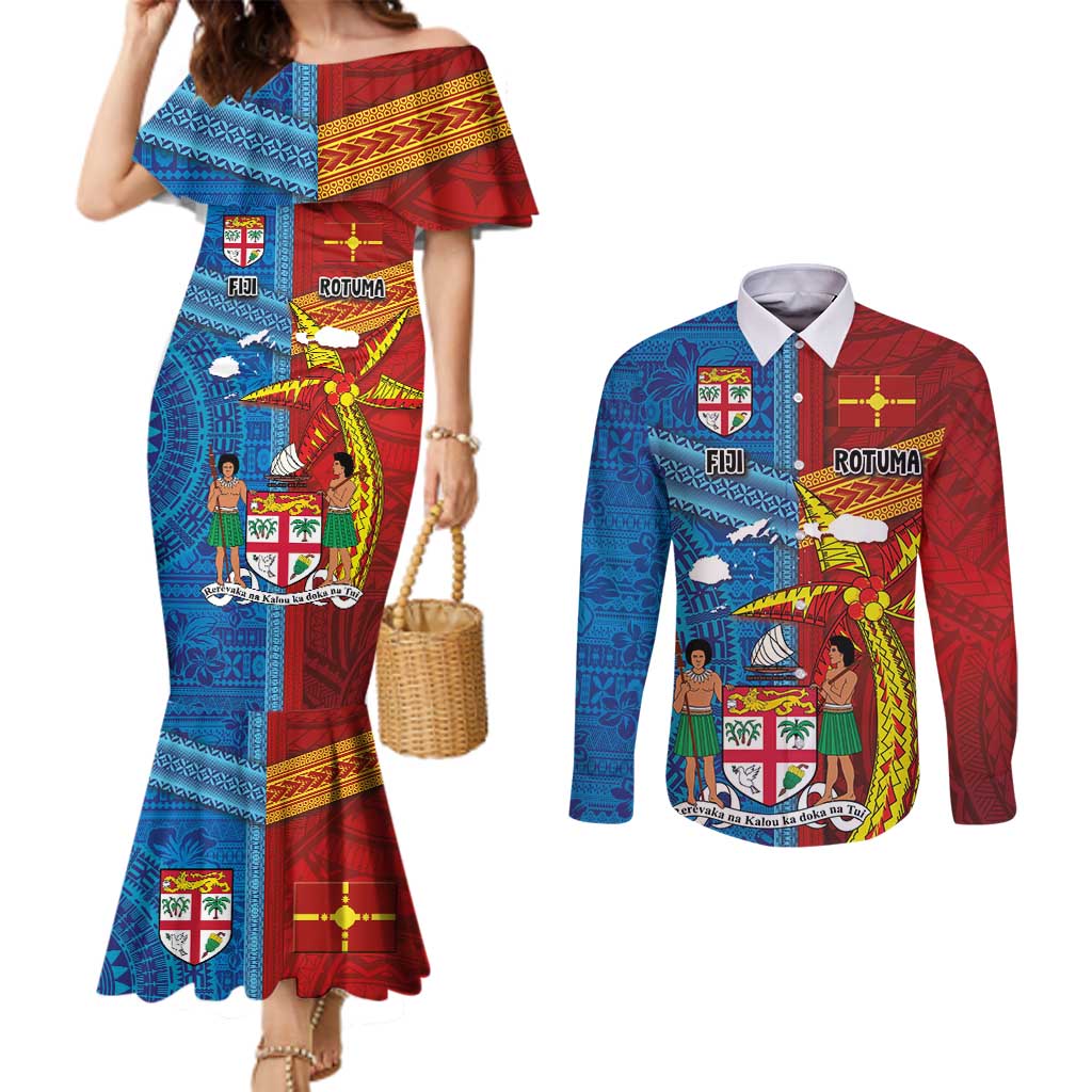 Personalised Fiji and Rotuma Together Couples Matching Mermaid Dress and Long Sleeve Button Shirt Tapa and Pacific Art Pattern with Cultural Emblems Half Style
