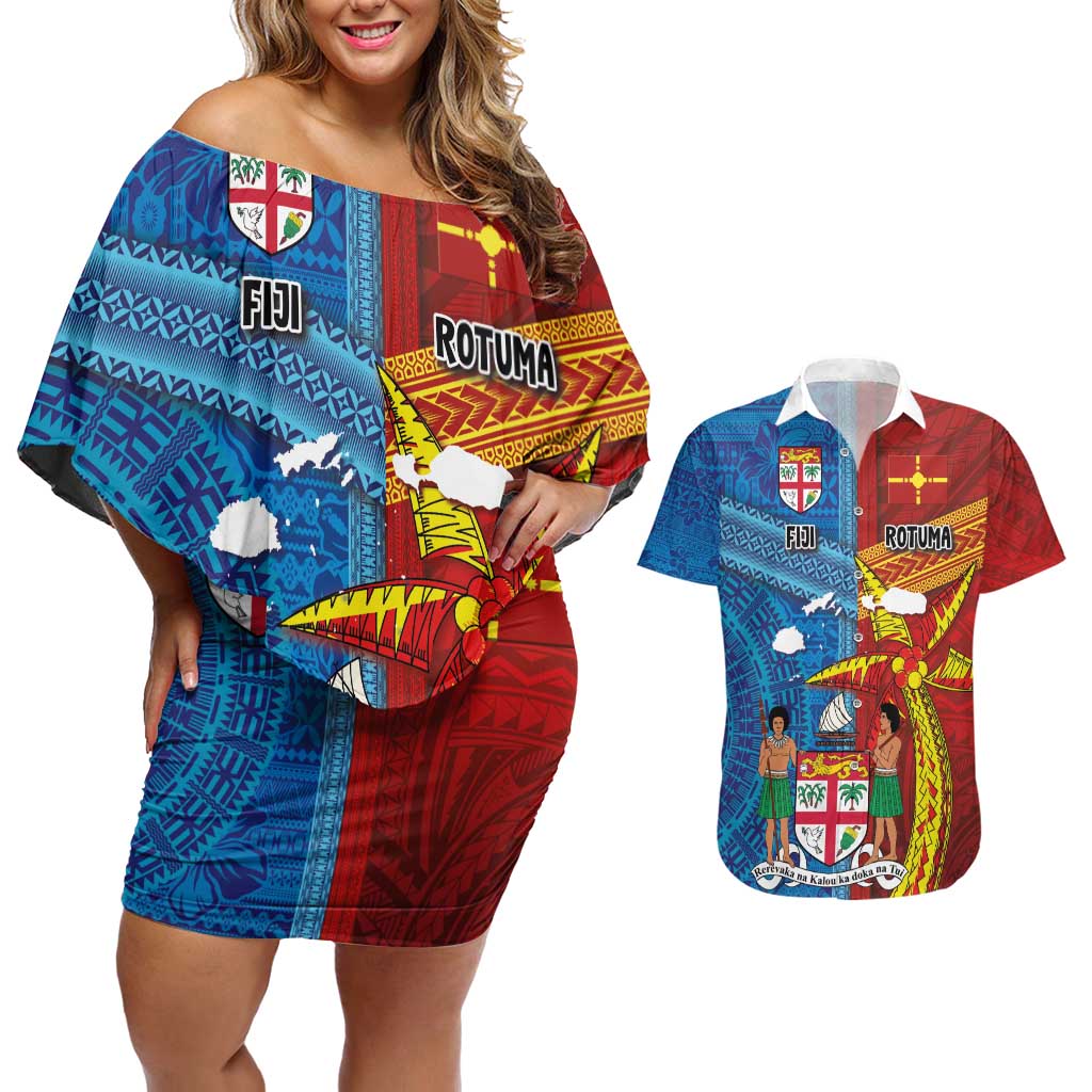 Personalised Fiji and Rotuma Together Couples Matching Off Shoulder Short Dress and Hawaiian Shirt Tapa and Pacific Art Pattern with Cultural Emblems Half Style