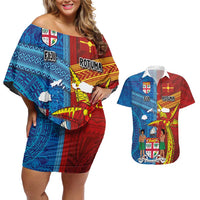 Personalised Fiji and Rotuma Together Couples Matching Off Shoulder Short Dress and Hawaiian Shirt Tapa and Pacific Art Pattern with Cultural Emblems Half Style