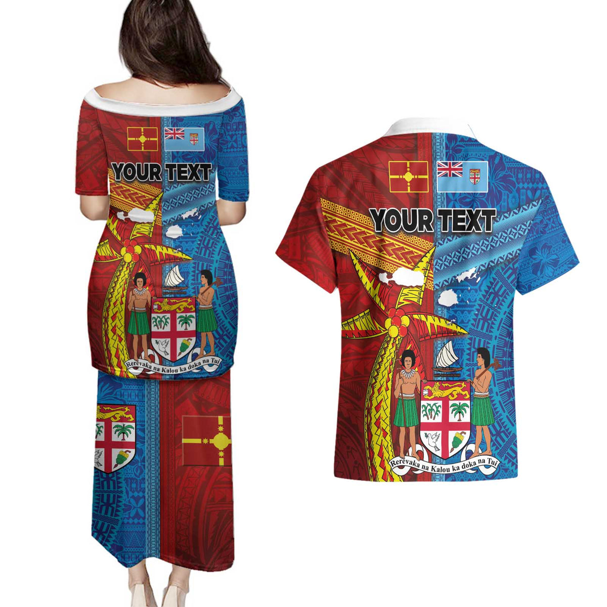 Personalised Fiji and Rotuma Together Couples Matching Puletasi and Hawaiian Shirt Tapa and Pacific Art Pattern with Cultural Emblems Half Style