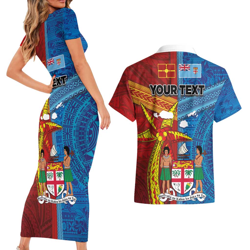 Personalised Fiji and Rotuma Together Couples Matching Short Sleeve Bodycon Dress and Hawaiian Shirt Tapa and Pacific Art Pattern with Cultural Emblems Half Style